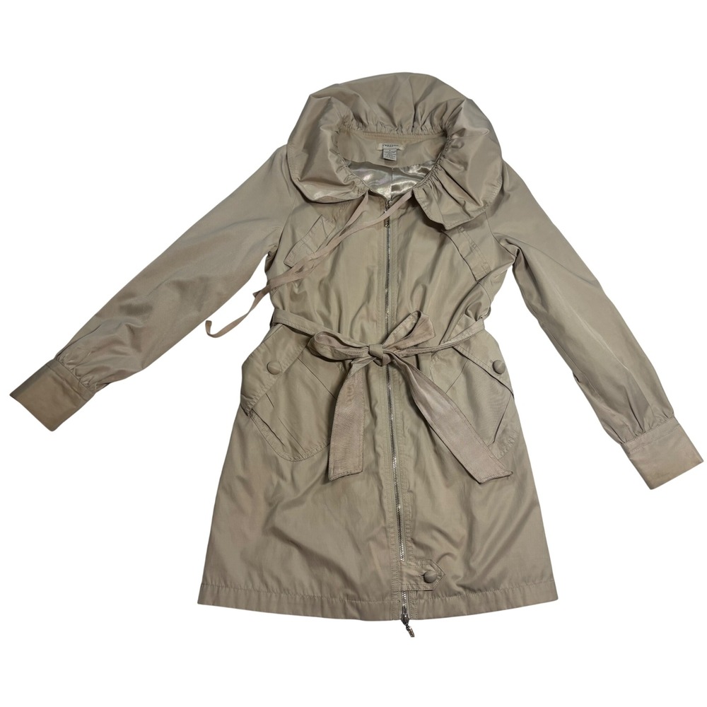 Vertigo Paris Trench Coat Women's Tan Excellent Ruffle Collar Belted M